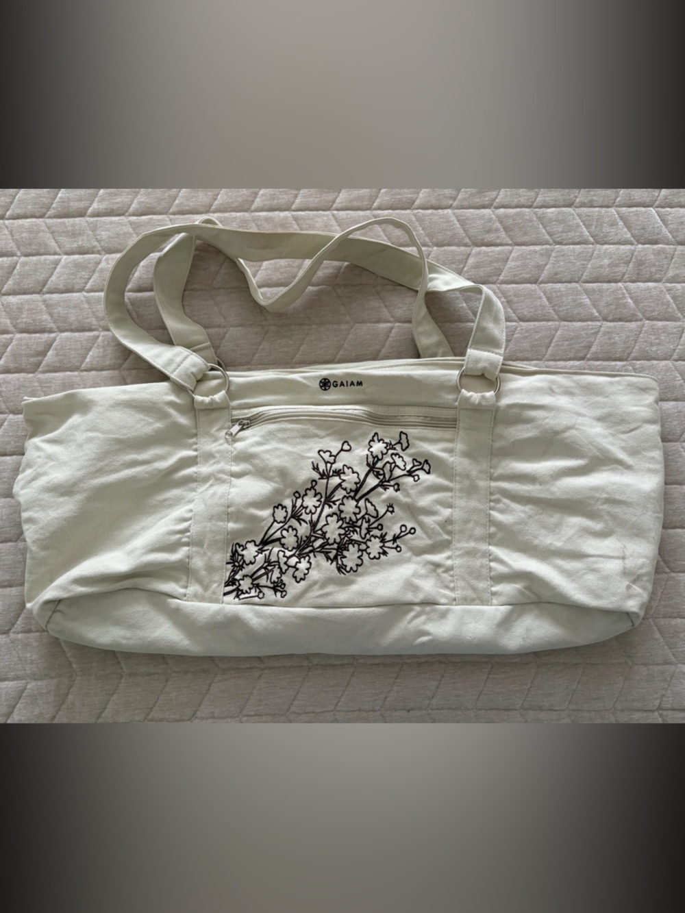 GAIAM Cream Canvas Yoga Tote with Brown Floral Embroidery